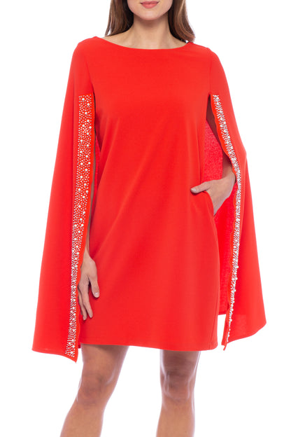 Marina Cape Back Boat Neckline Crepe Stone Detail Dress - RED - Front