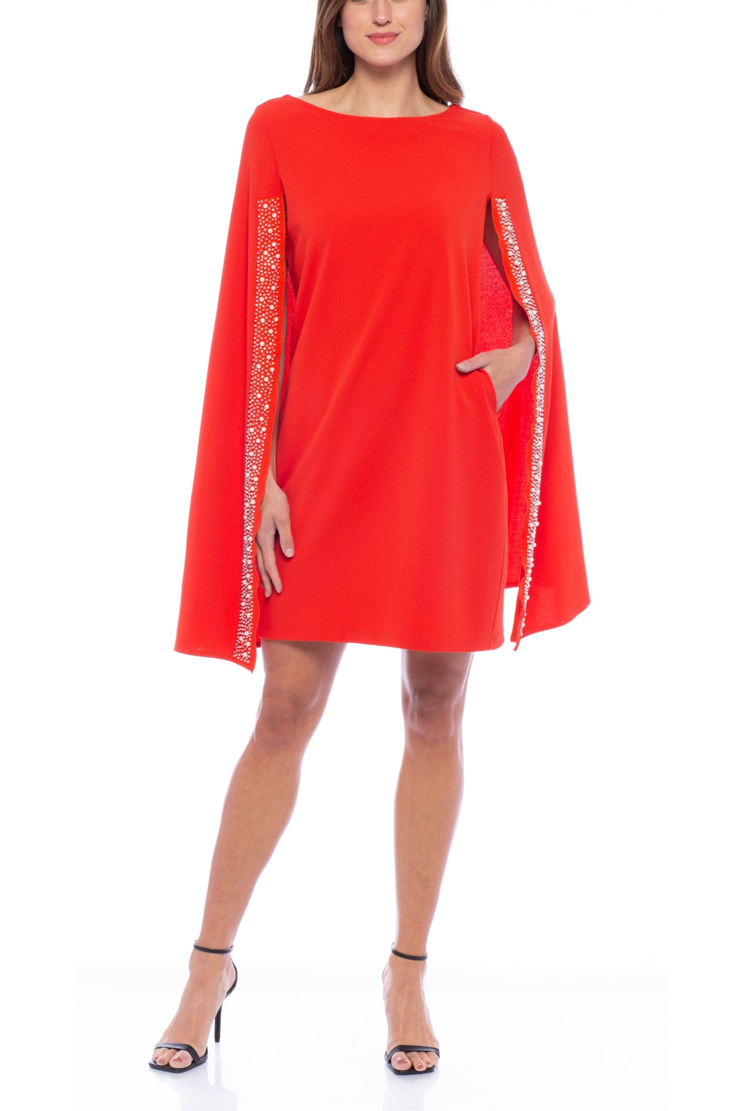 Marina Cape Back Boat Neckline Crepe Stone Detail Dress - RED - full front view