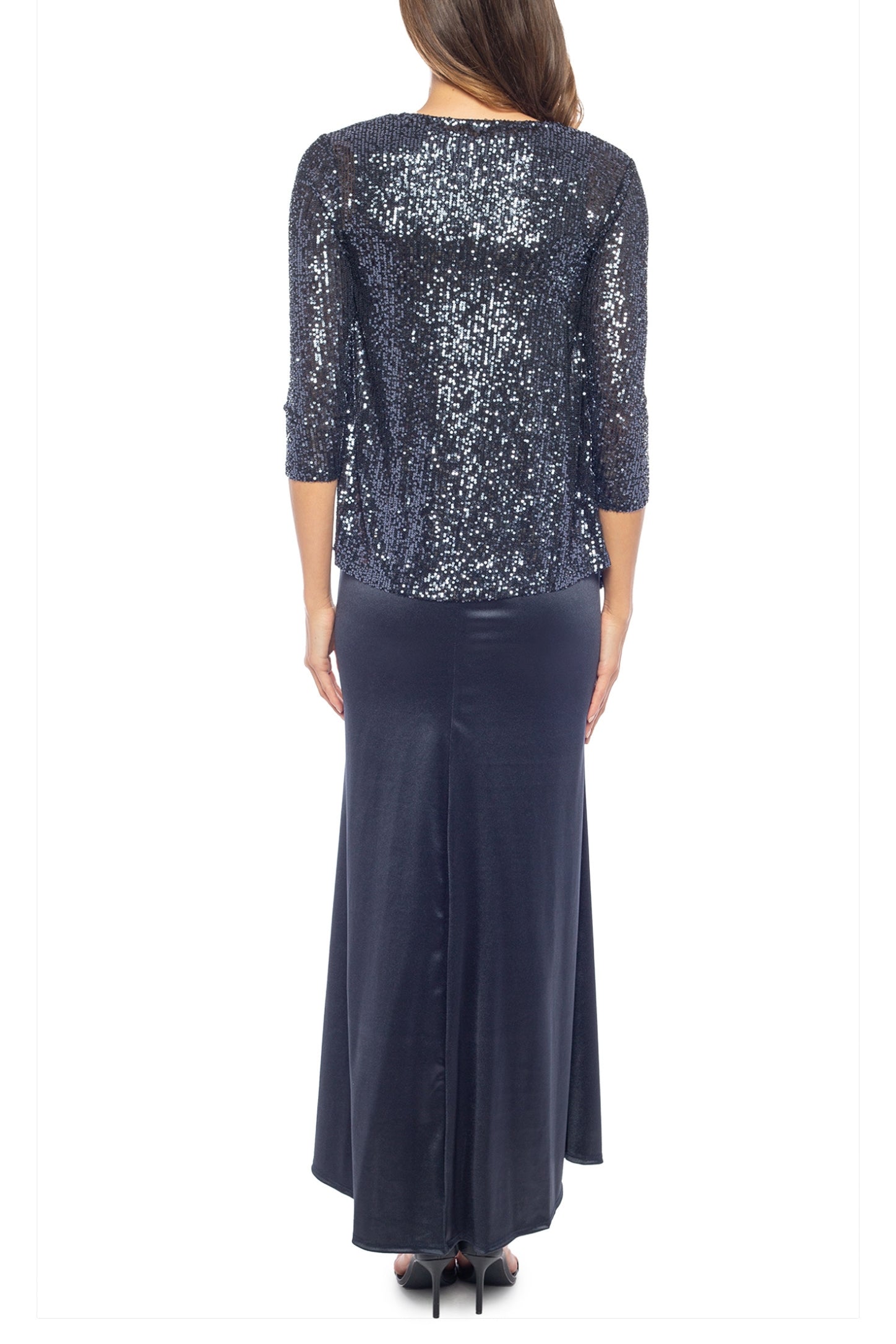 Marina 3/4 Sleeve Scoop Neck Sequin Satin 2-Piece Jacket Dress - Wholesale  | Available at Immediate Apparel