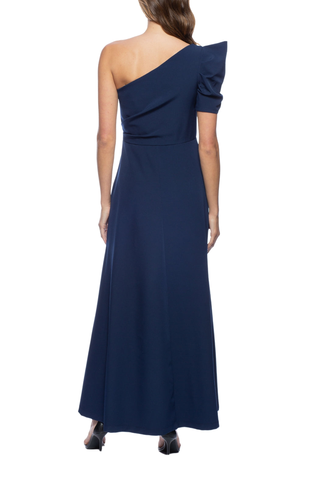 Marina Scuba Crepe One Shoulder Puff Sleeve Overlay Skirt Jumpsuit Dress - NAVY - Back