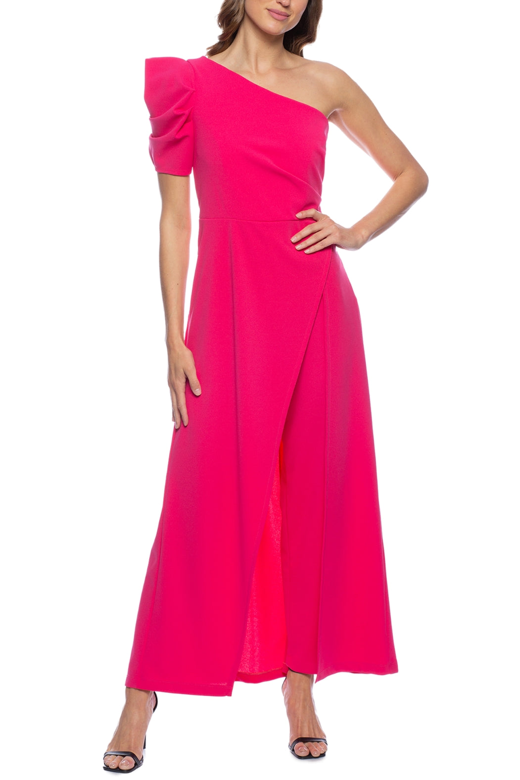 Marina Scuba Crepe One Shoulder Puff Sleeve Overlay Skirt Jumpsuit Dress - CORAL - Front View