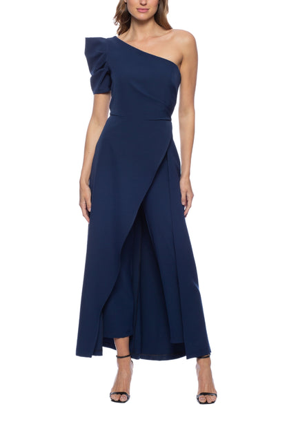 Marina Scuba Crepe One Shoulder Puff Sleeve Overlay Skirt Jumpsuit Dress - NAVY - Front