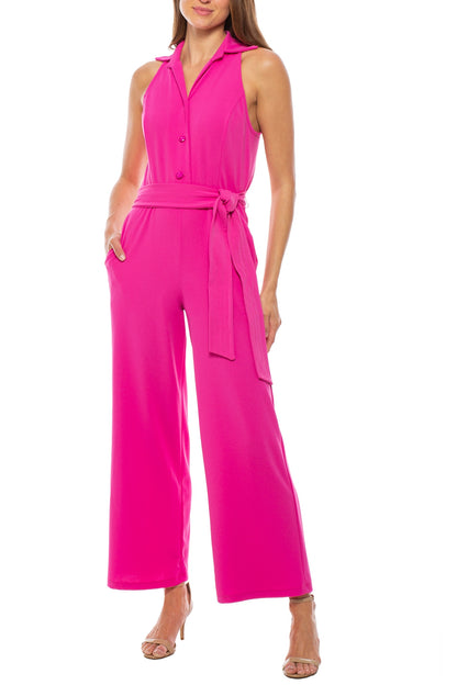 Marina Collared Sleeveless Tie Waist Scuba Crepe Jumpsuit - Wholesale_ FUSCHIA_front