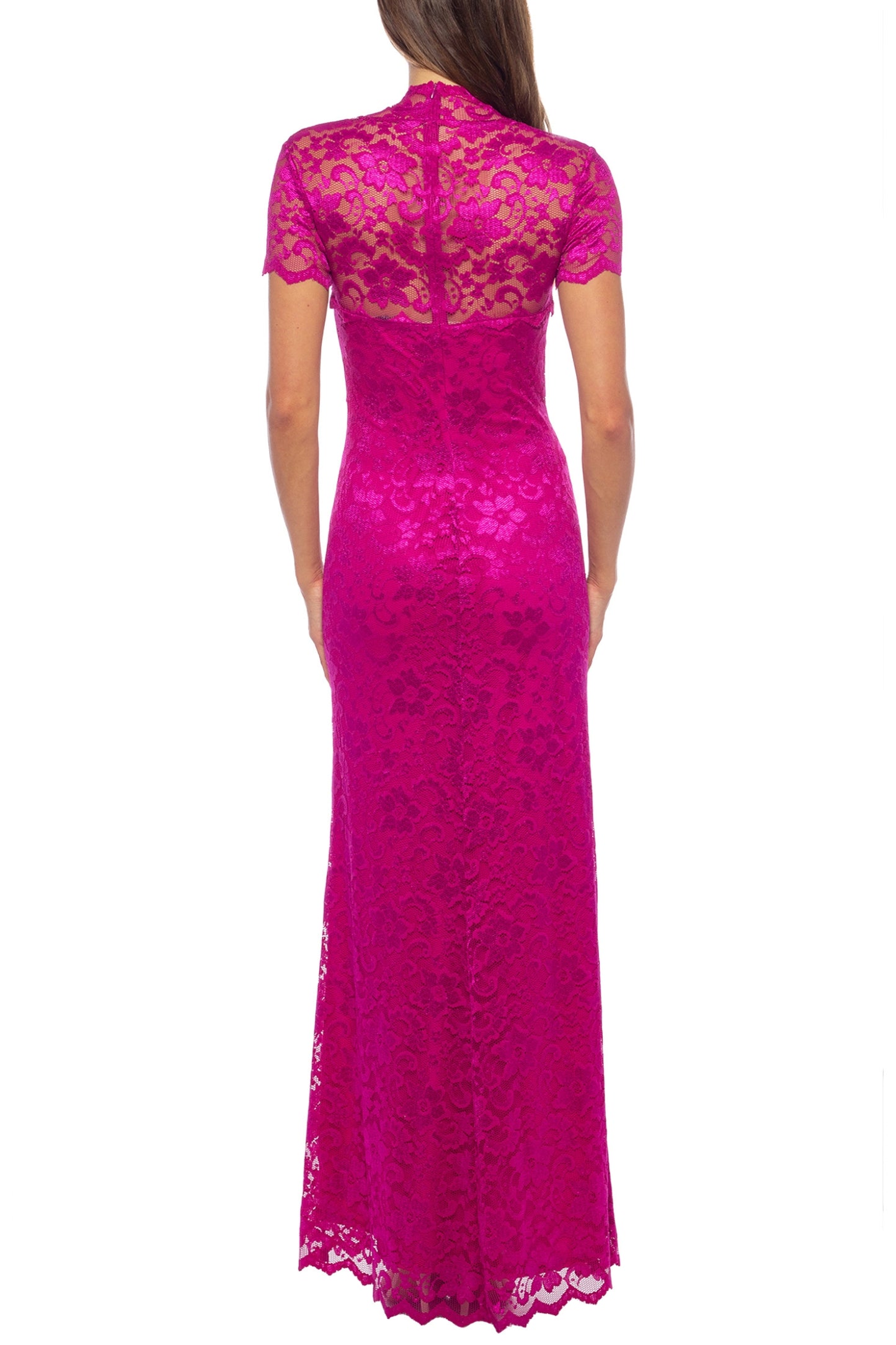 Marina Square Neck Short Sleeve Fit & Flare Lace Gown - FUSCHIA - Back