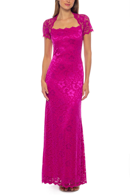 Marina Square Neck Short Sleeve Fit & Flare Lace Gown - FUSCHIA - Front