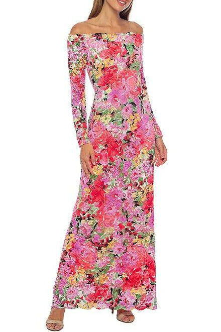 Marina Long Sleeve Off The Shoulder Scalloped Floral Maxi Dress - PINK MULTI - Front