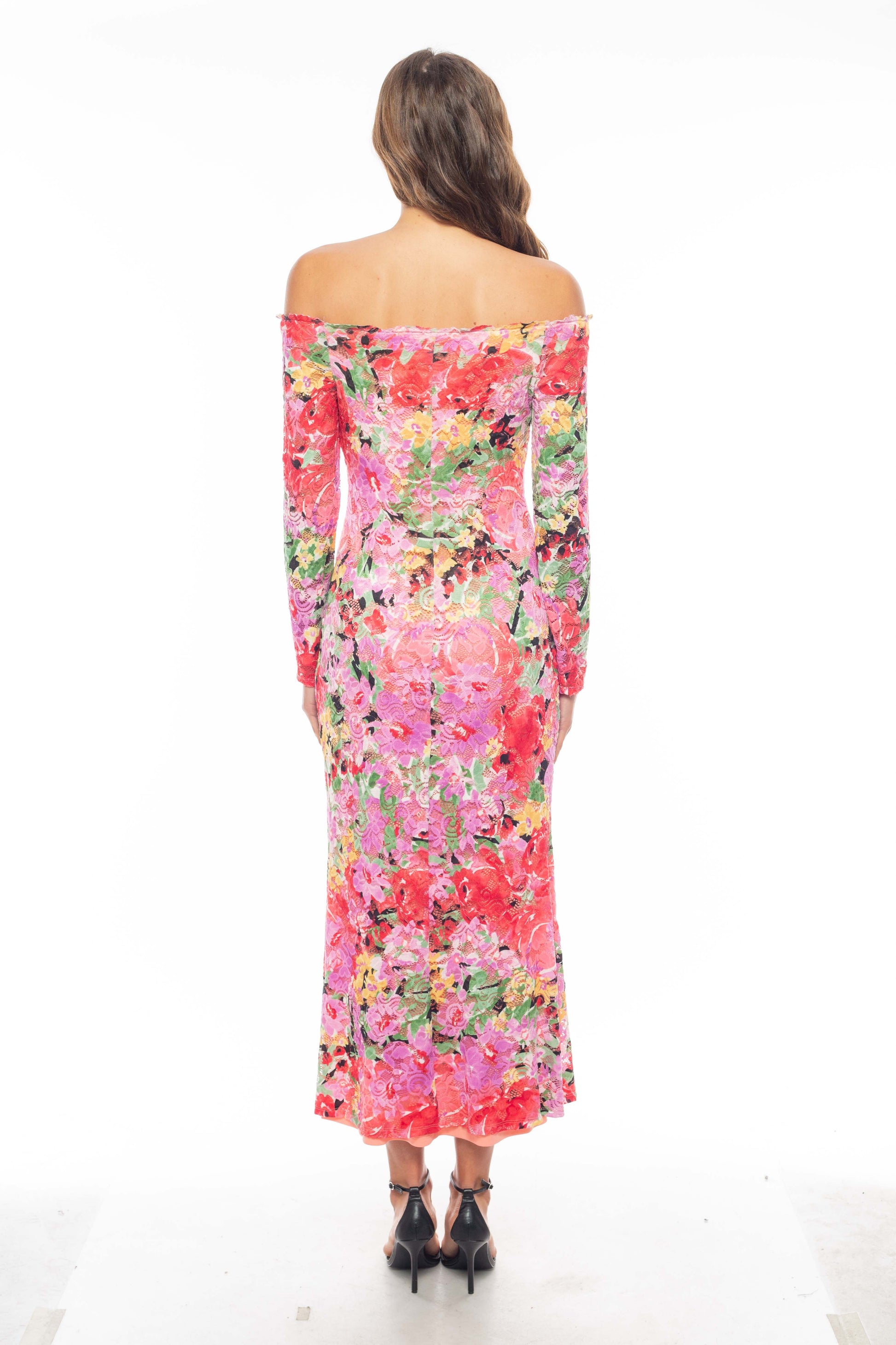 Marina Long Sleeve Off The Shoulder Scalloped Floral Maxi Dress - PINK MULTI - Back