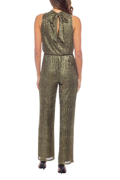 Marina Mock Neck Sleeveless Metallic Pleated Jumpsuit - GOLD BLACK - Back