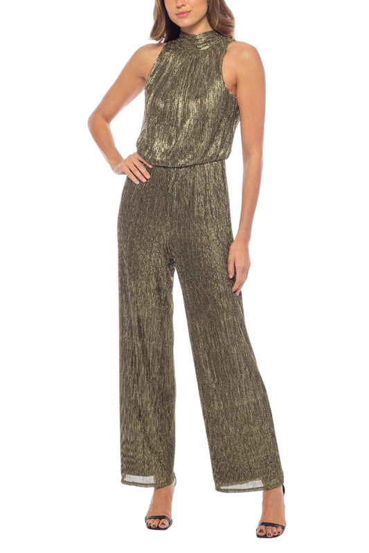 Marina Mock Neck Sleeveless Metallic Pleated Jumpsuit - GOLD BLACK - Front