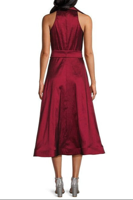 Marina Point Collar Front Button Sleeveless A-Line Midi Dress - WINE - Back