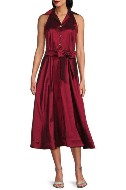 Marina Point Collar Front Button Sleeveless A-Line Midi Dress - WINE - Front