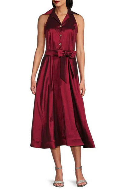 Marina Point Collar Front Button Sleeveless A-Line Midi Dress - WINE - Front