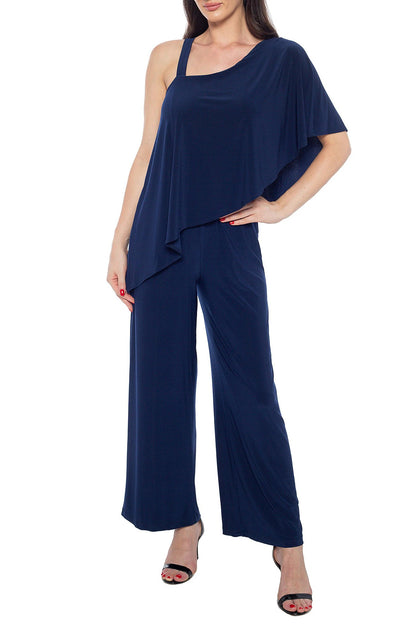 Marina One Shoulder Asymmetrical Neck Short Flutter Sleeve Wide Leg Jumpsuit - NAVY - Front view