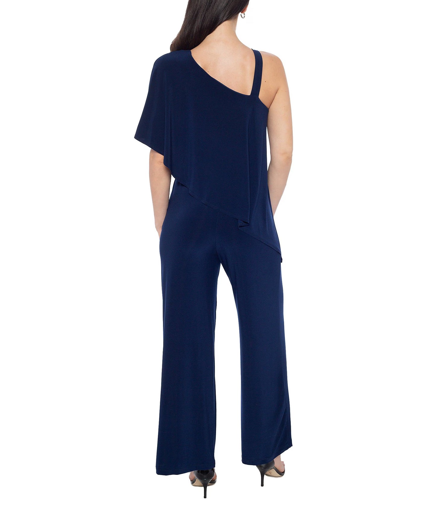 Marina One Shoulder Asymmetrical Neck Short Flutter Sleeve Wide Leg Jumpsuit - NAVY - Back view