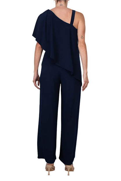 Marina One Shoulder Asymmetrical Neck Short Flutter Sleeve Wide Leg Jumpsuit - NAVY - Back 