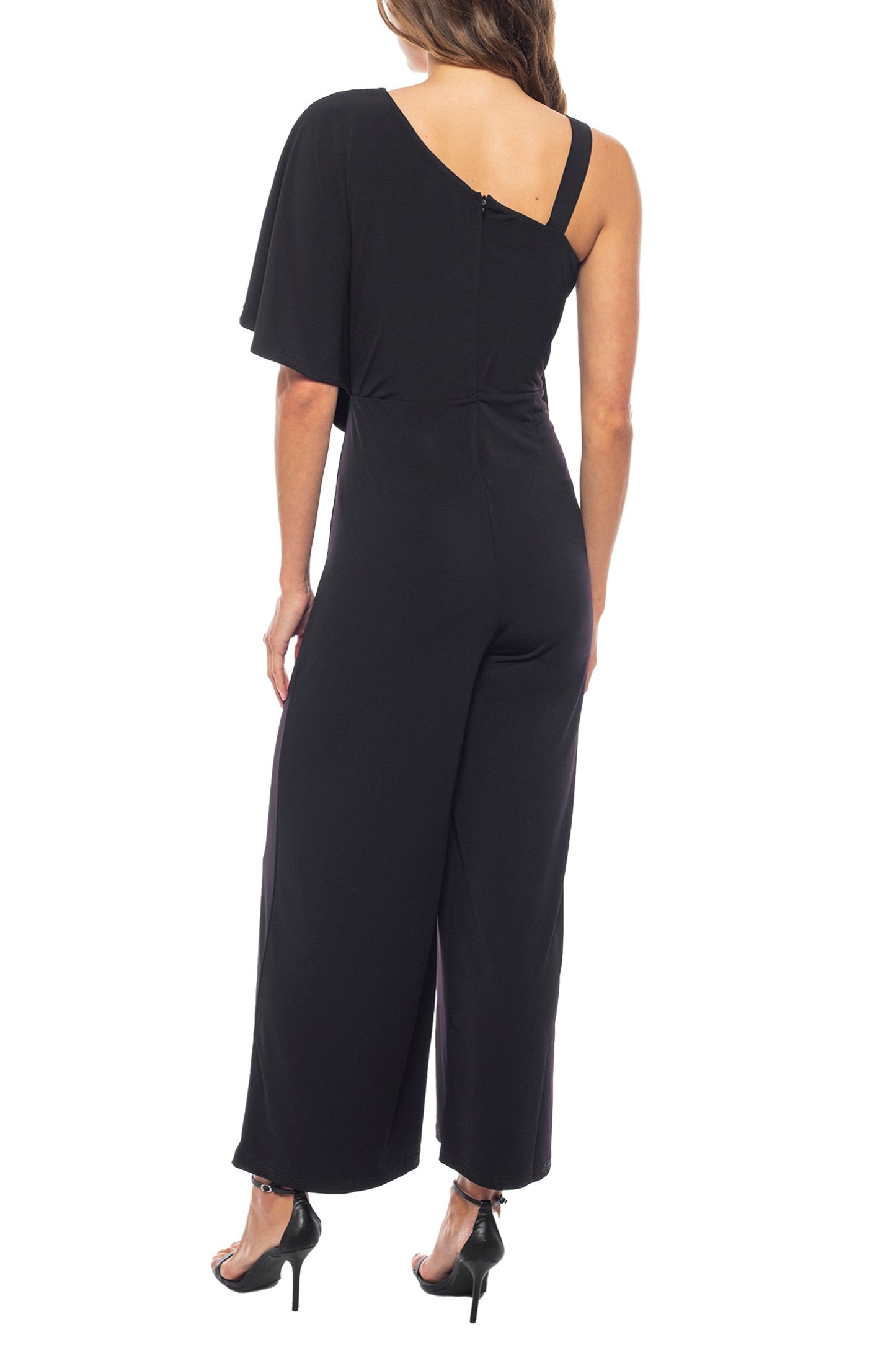 Marina One Shoulder Asymmetrical Neck Short Flutter Sleeve Wide Leg Jumpsuit - BLACK - Back