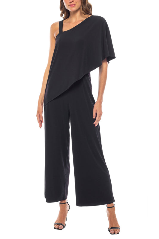 Marina One Shoulder Asymmetrical Neck Short Flutter Sleeve Wide Leg Jumpsuit - BLACK - FRONT 