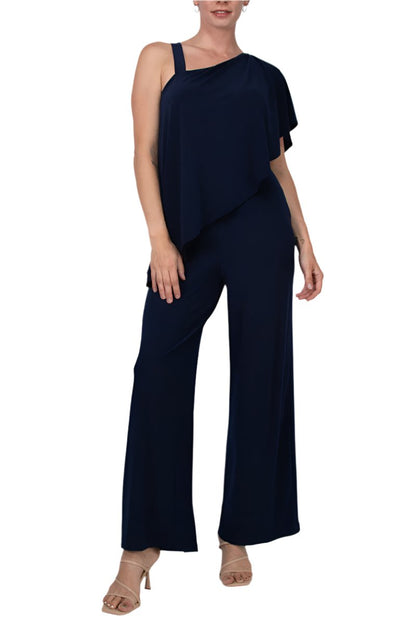 Marina One Shoulder Asymmetrical Neck Short Flutter Sleeve Wide Leg Jumpsuit - NAVY - Front 