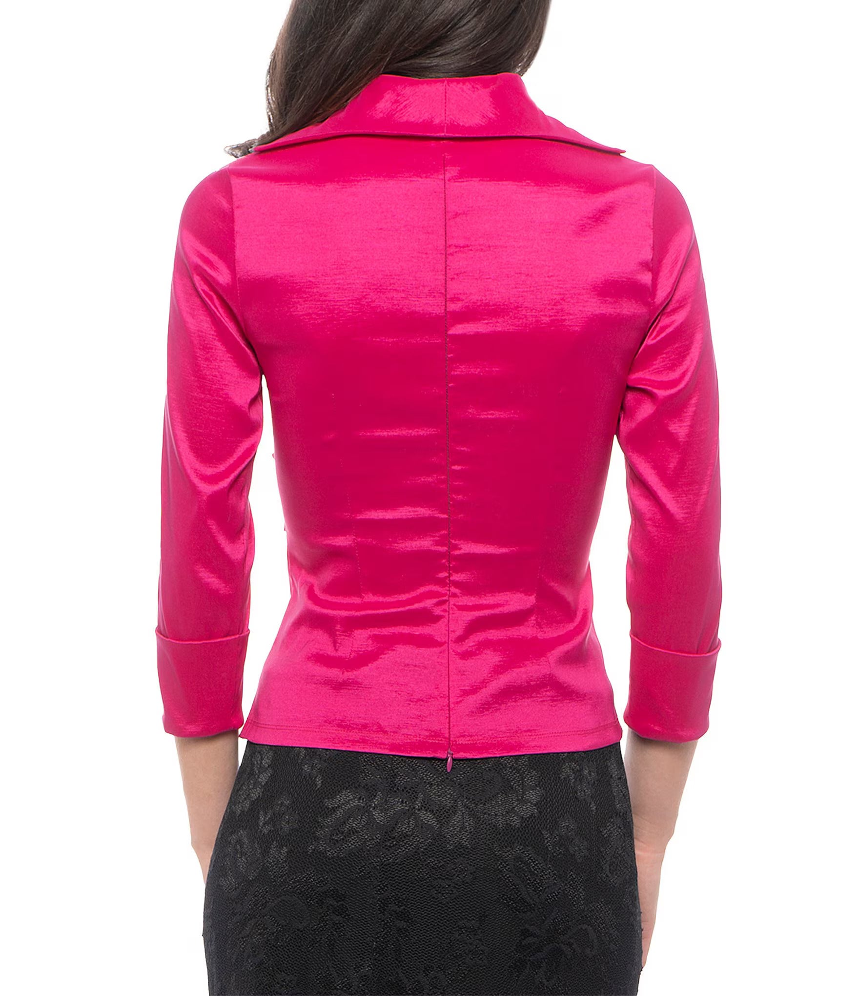 Marina Twist Knot Front V-Neckline 3/4 Sleeves Taffeta Blouse - MAGENTA - Back