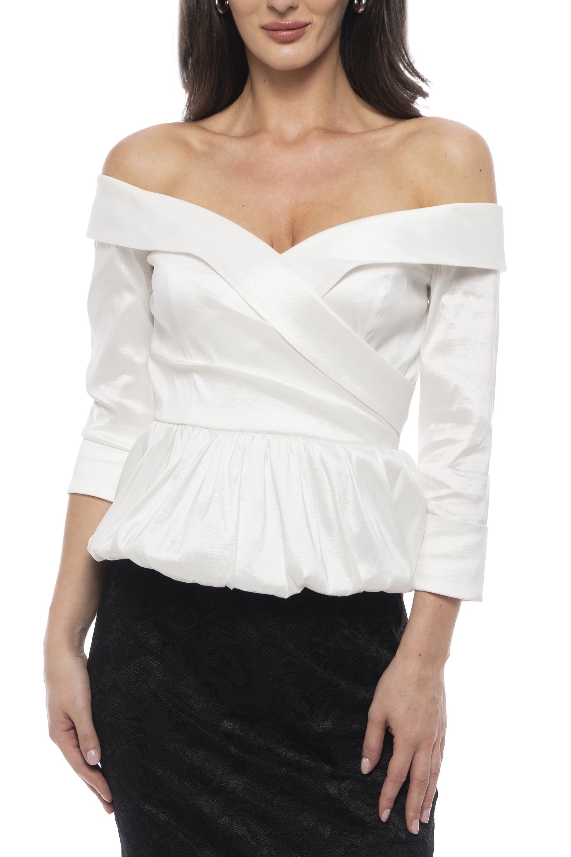 Marina Off-The-Shoulder Three Quarter Sleeves with Ruffle Blouse - WHITE - 
 - Front