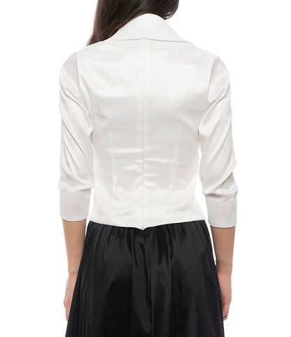 Marina Collared V-Neckline 3/4 Sleeve Stretch Taffeta Rhinestone Embellishment Wrap Blouse - WHITE - Back