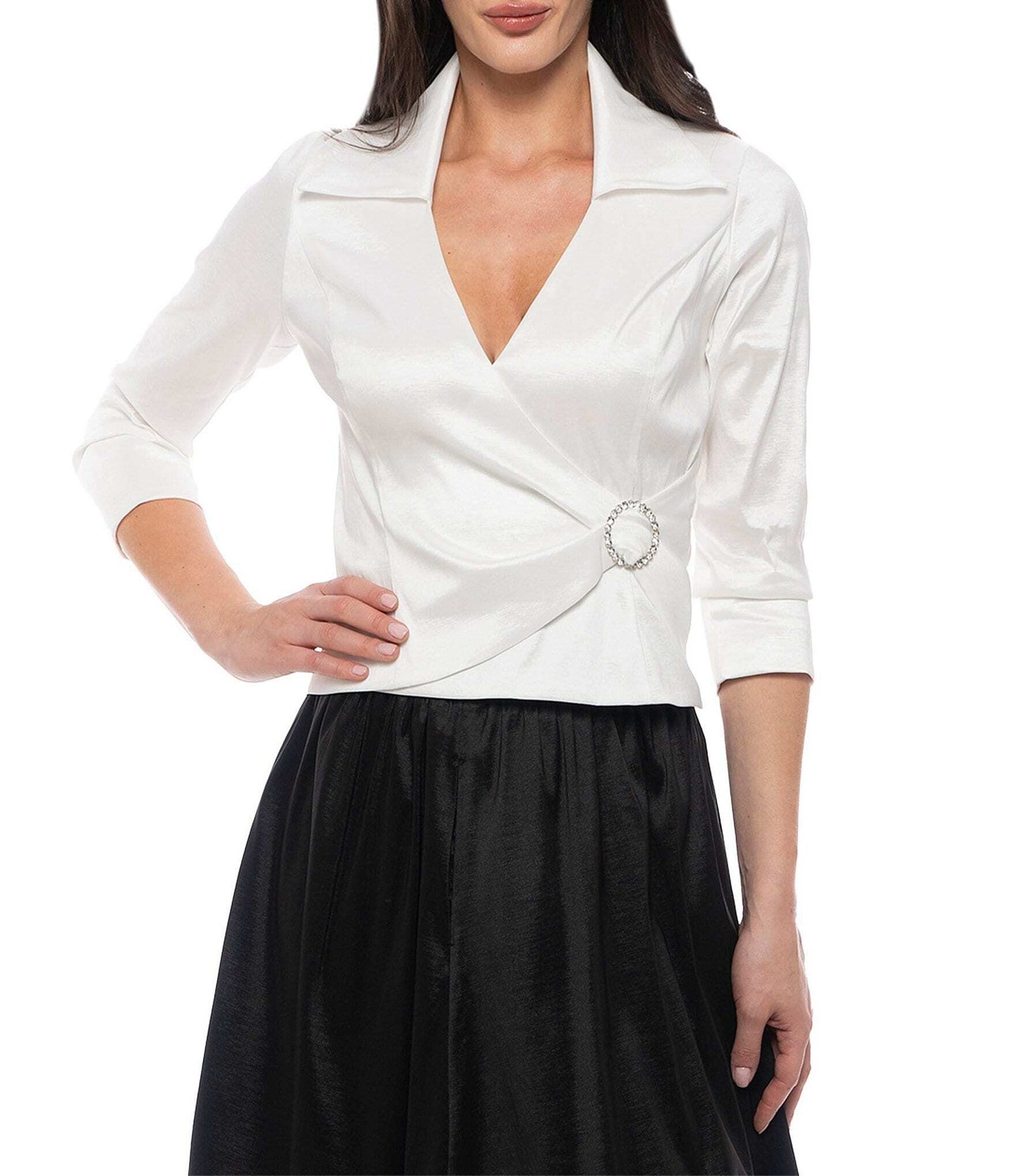 Marina Collared V-Neckline 3/4 Sleeve Stretch Taffeta Rhinestone Embellishment Wrap Blouse - WHITE - Front