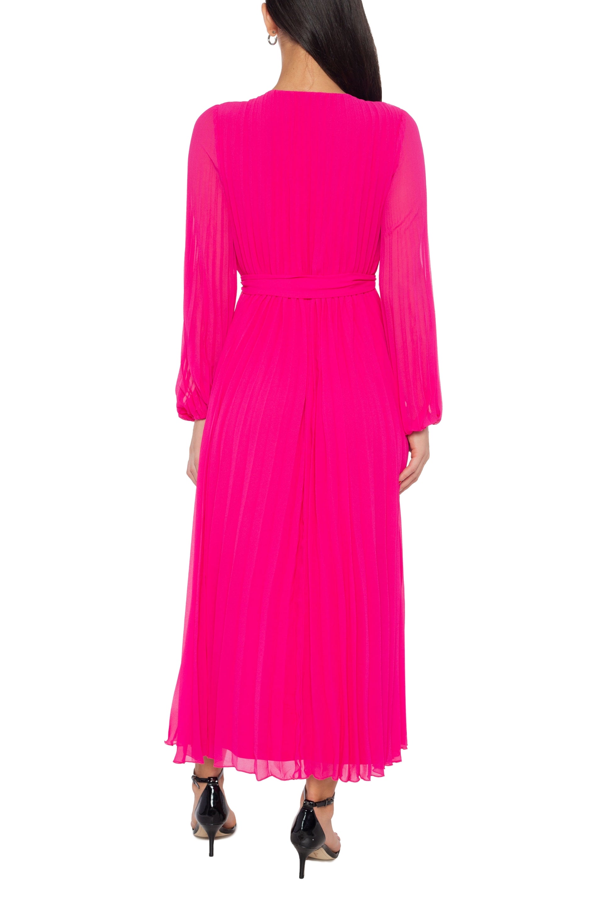 Marina Round Keyhole Neckline Empire Waist with Tie Pleated Skirt Maxi Dress - FUSCHIA - Back