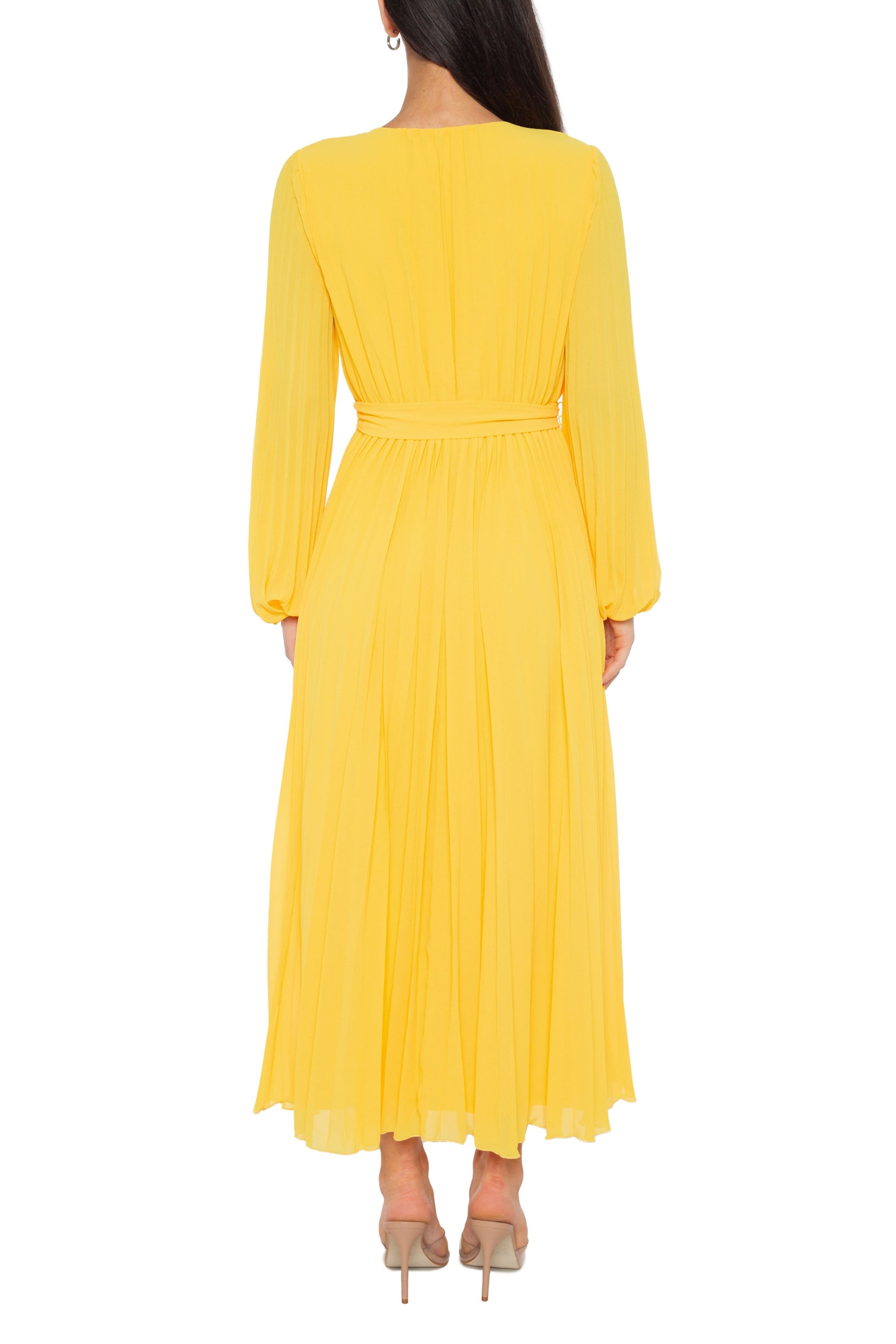 Marina Round Keyhole Neckline Empire Waist with Tie Pleated Skirt Maxi Dress - YELLOW - Back