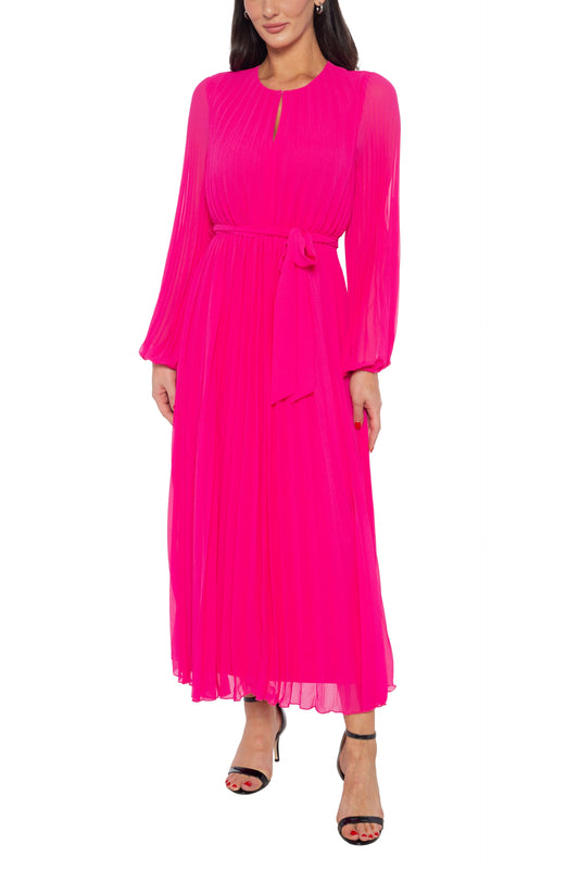 Marina Round Keyhole Neckline Empire Waist with Tie Pleated Skirt Maxi Dress - FUSCHIA - Front