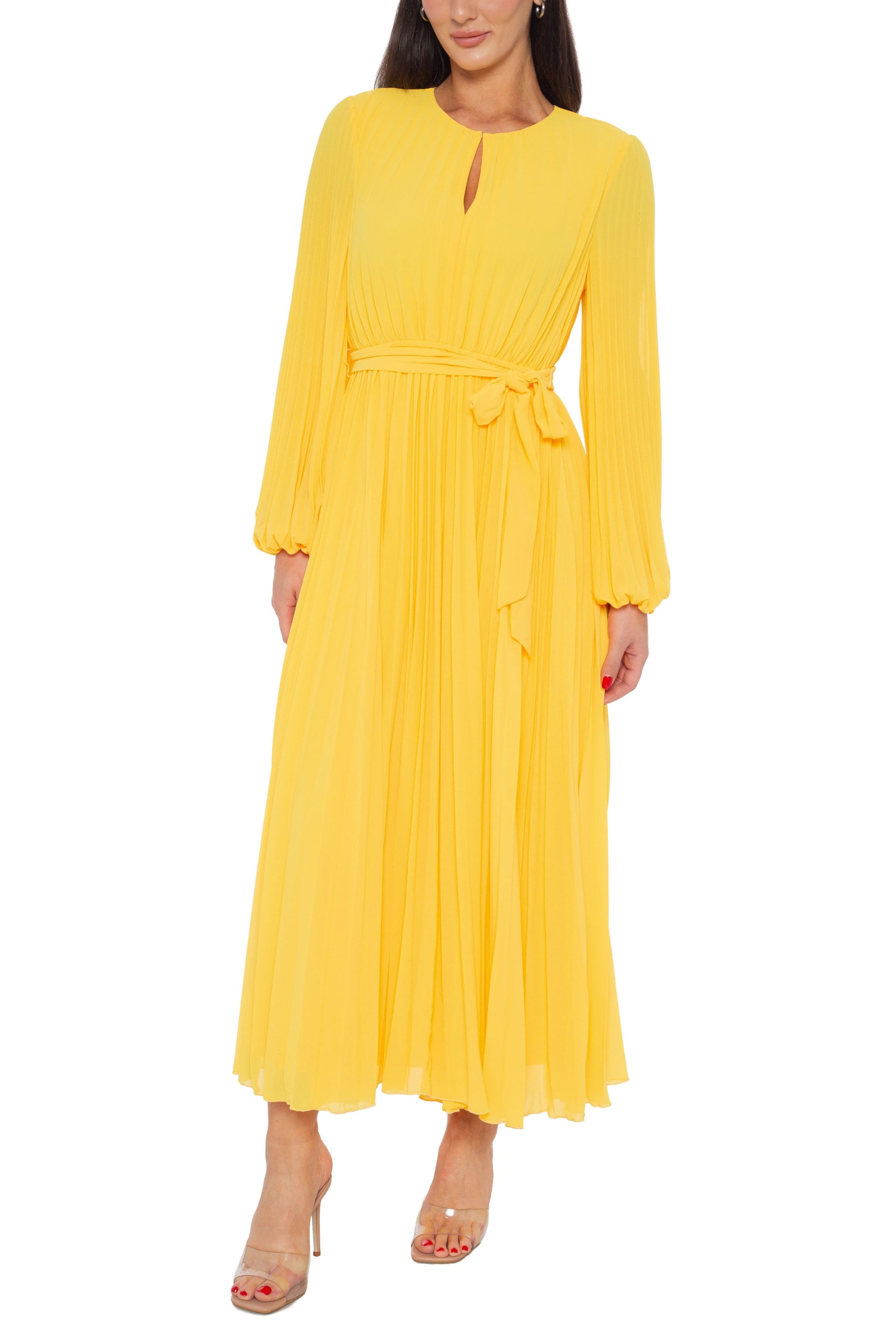 Marina Round Keyhole Neckline Empire Waist with Tie Pleated Skirt Maxi Dress - YELLOW - Front