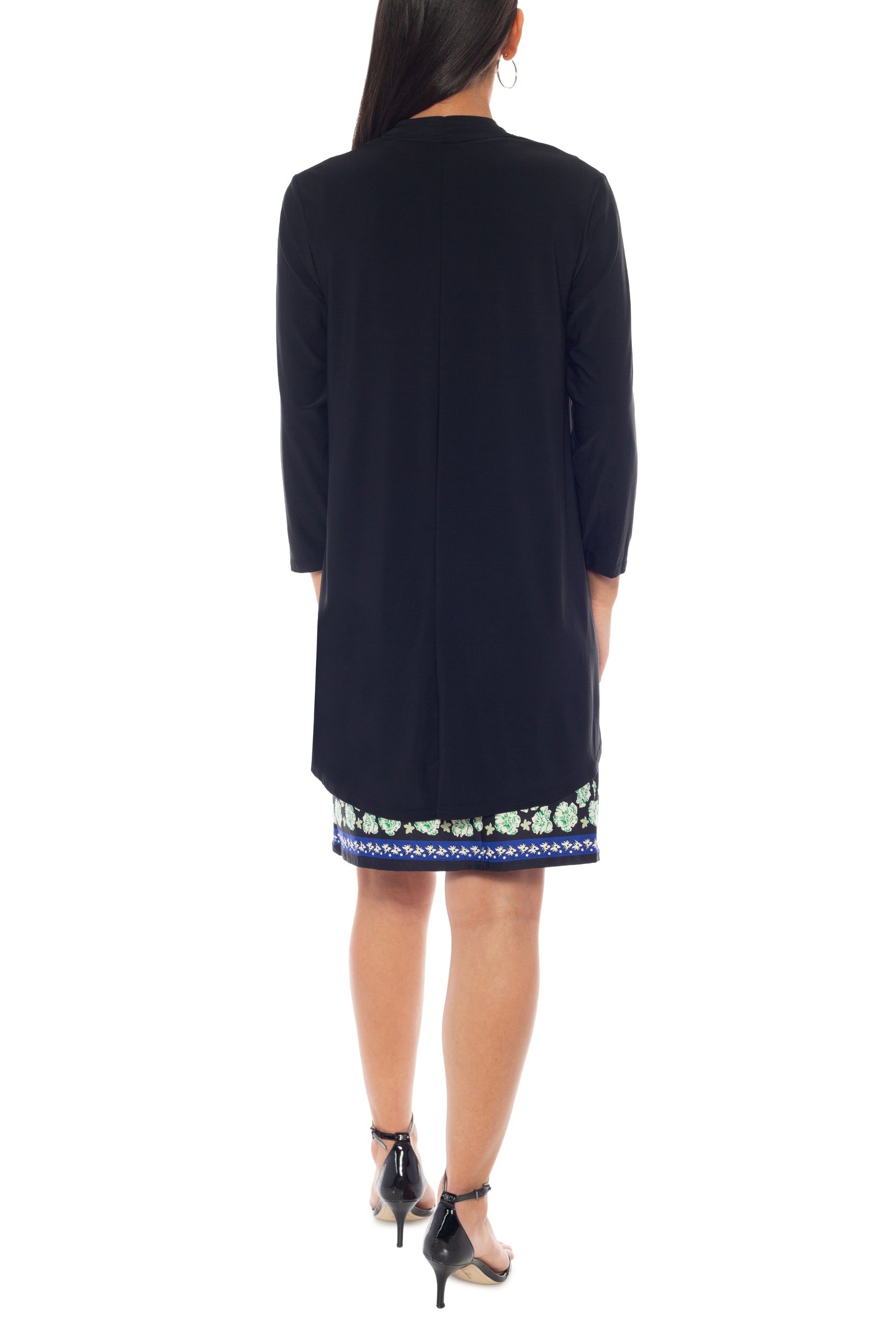 Marina Round Neckline Floral Print Sleeveless Dress Three-Quarter Sleeve Jacket With Necklace - BLACK MULTI - Back