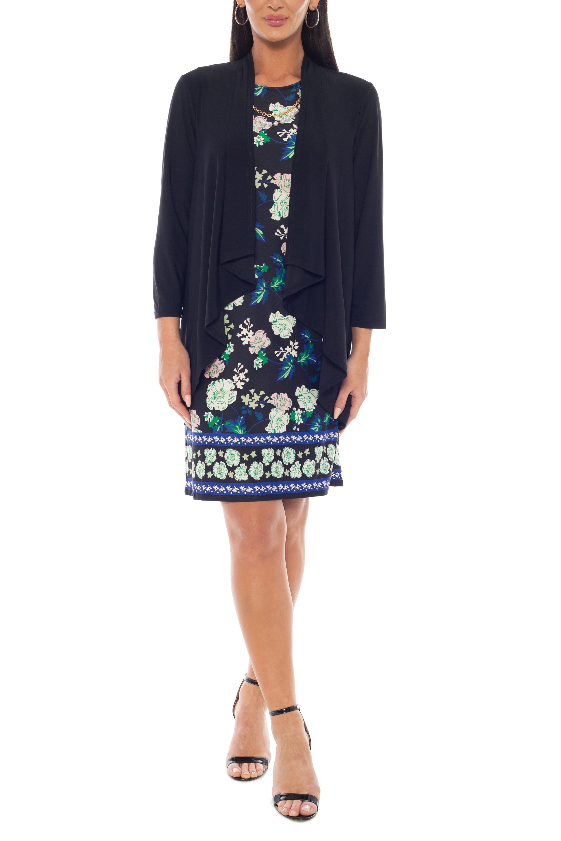 Marina Round Neckline Floral Print Sleeveless Dress Three-Quarter Sleeve Jacket With Necklace - BLACK MULTI - Front