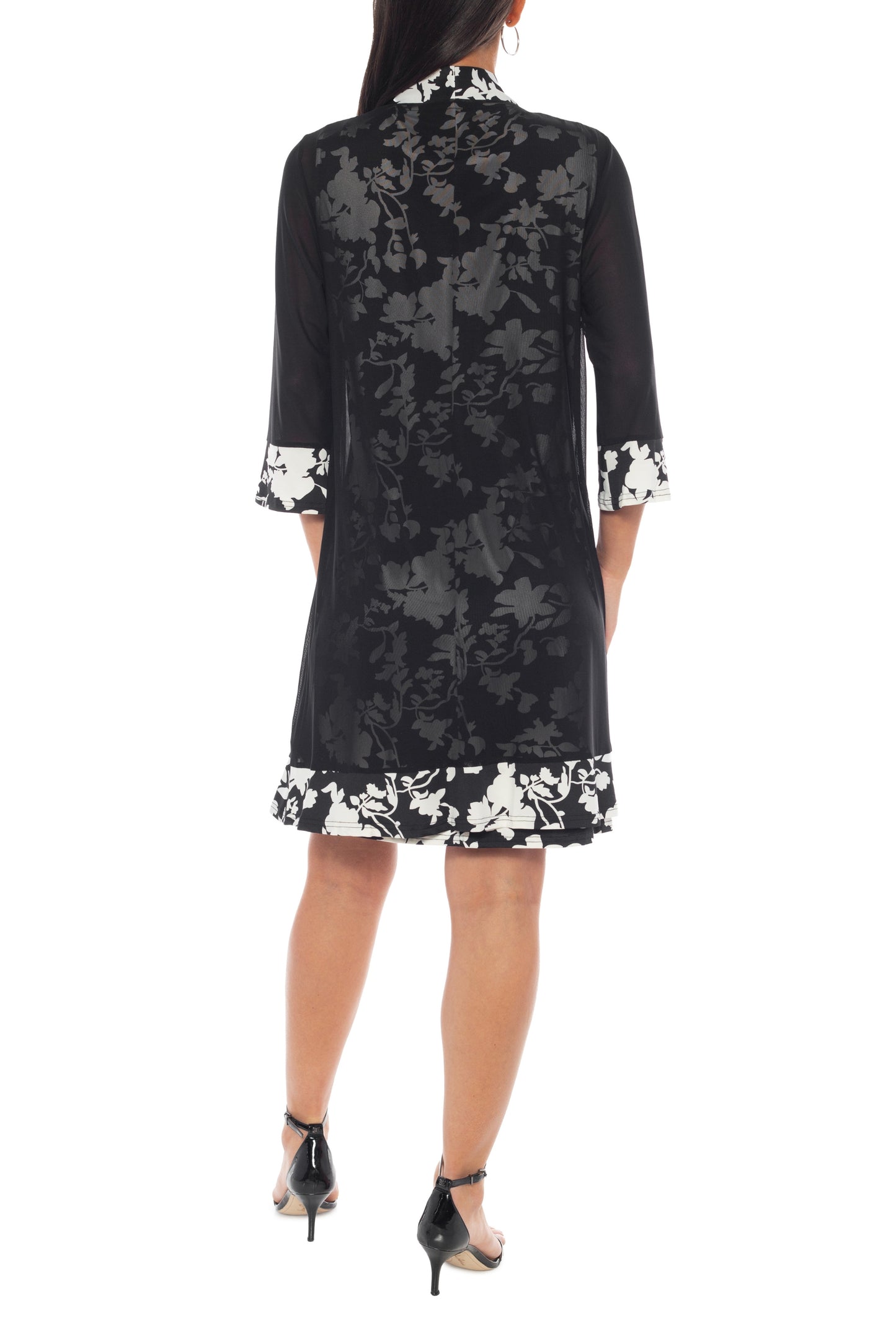 Marina Round Neckline Sleeveless Floral Top With Sheer Jacket - BLACK WHITE - Back