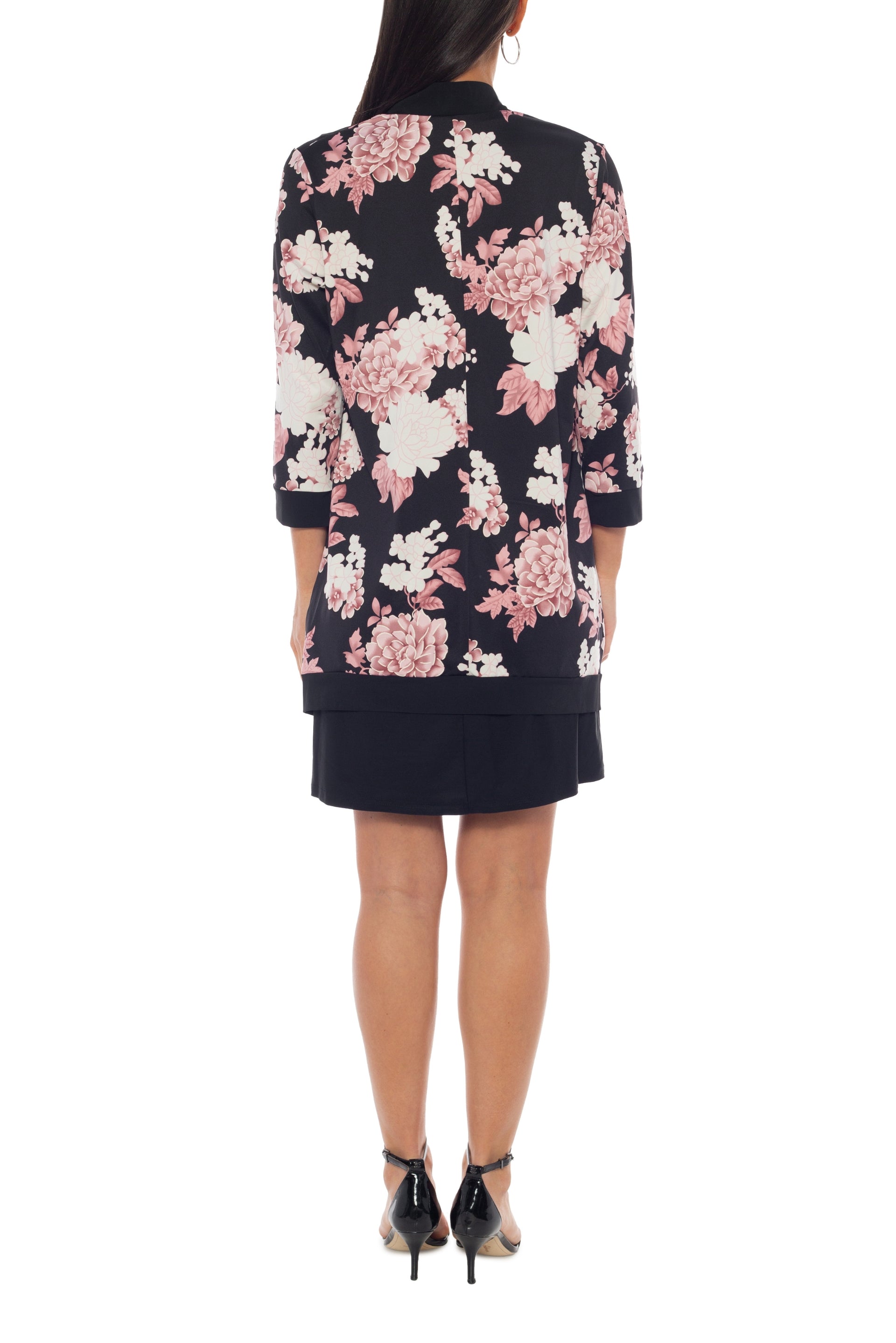 Marina Scoop Neck Sleeveless Sheath Silhouette Top With Open Front Floral Print Jacket - PINK MULTI - Back