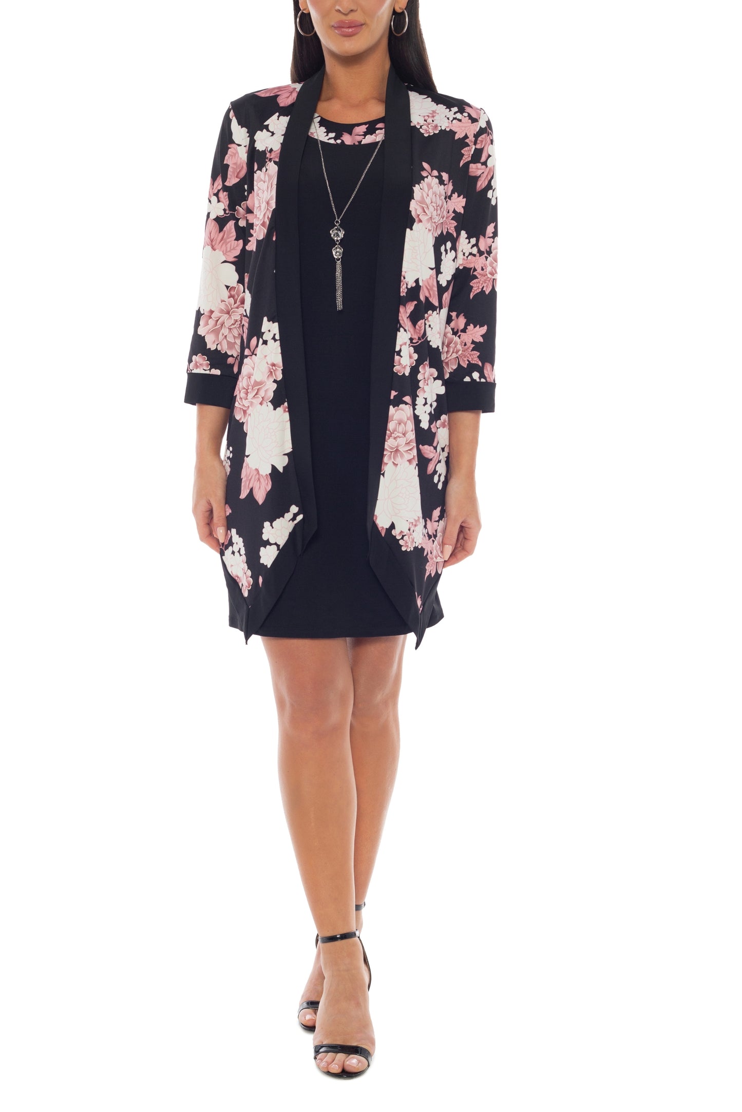 Marina Scoop Neck Sleeveless Sheath Silhouette Top With Open Front Floral Print Jacket - PINK MULTI - Front