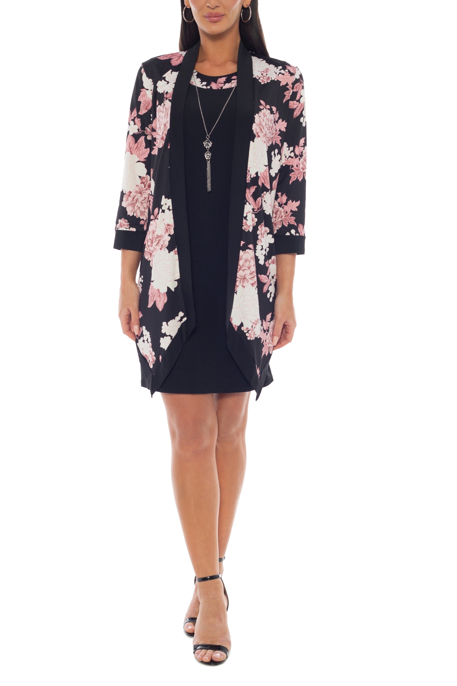 Marina Scoop Neck Sleeveless Sheath Silhouette Top With Open Front Floral Print Jacket - PINK MULTI - Front