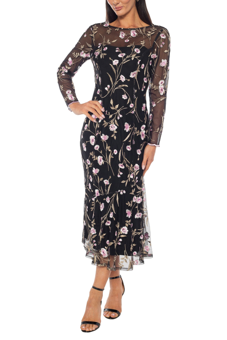 Black Floral Embroidered Round Illusion Neckline Mesh Midi Dres Marina 269332