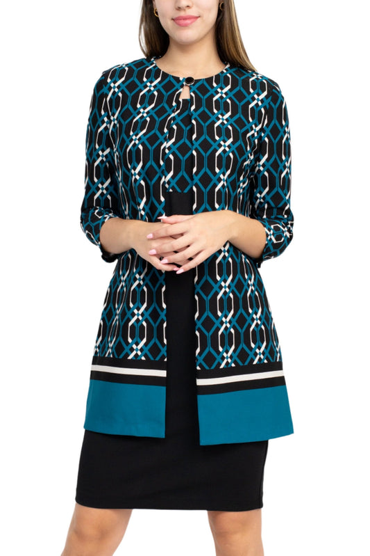 Danny & Nicole Scoop Neck Sleeveless Zipper Back Multi Print Crepe Dress With Matching Jacket - BLACK TEAL - Front