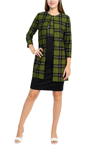 Danny & Nicole Scoop Neck Sleeveless Zipper Back Mlt Print Knit Dress with Matching Jacket - Wholesale - BLACK IVORY AVOCADO - Front full view