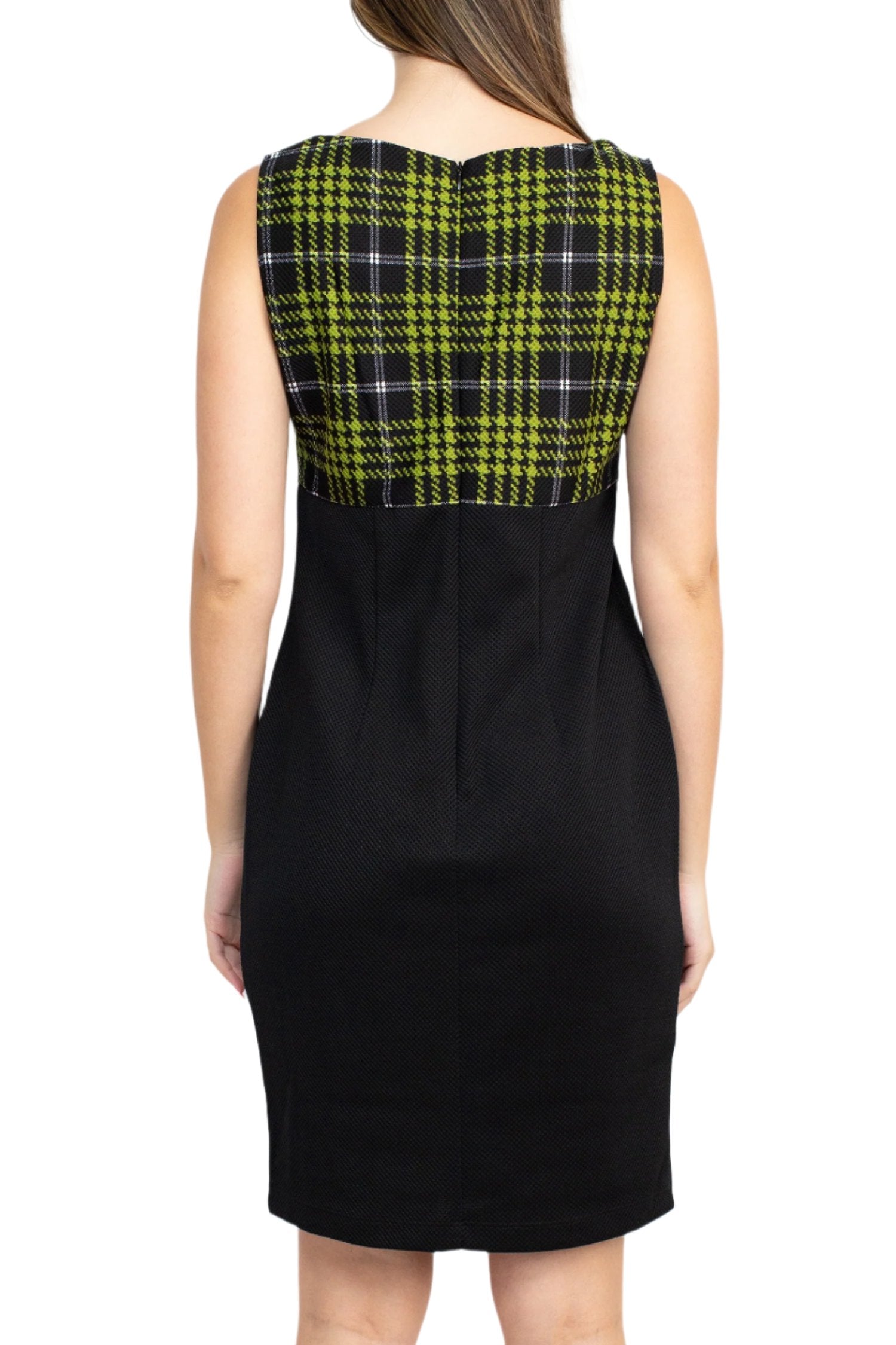 Danny & Nicole Scoop Neck Sleeveless Zipper Back Mlt Print Knit Dress with Matching Jacket - Wholesale - BLACK IVORY AVOCADO - Back view without jacket