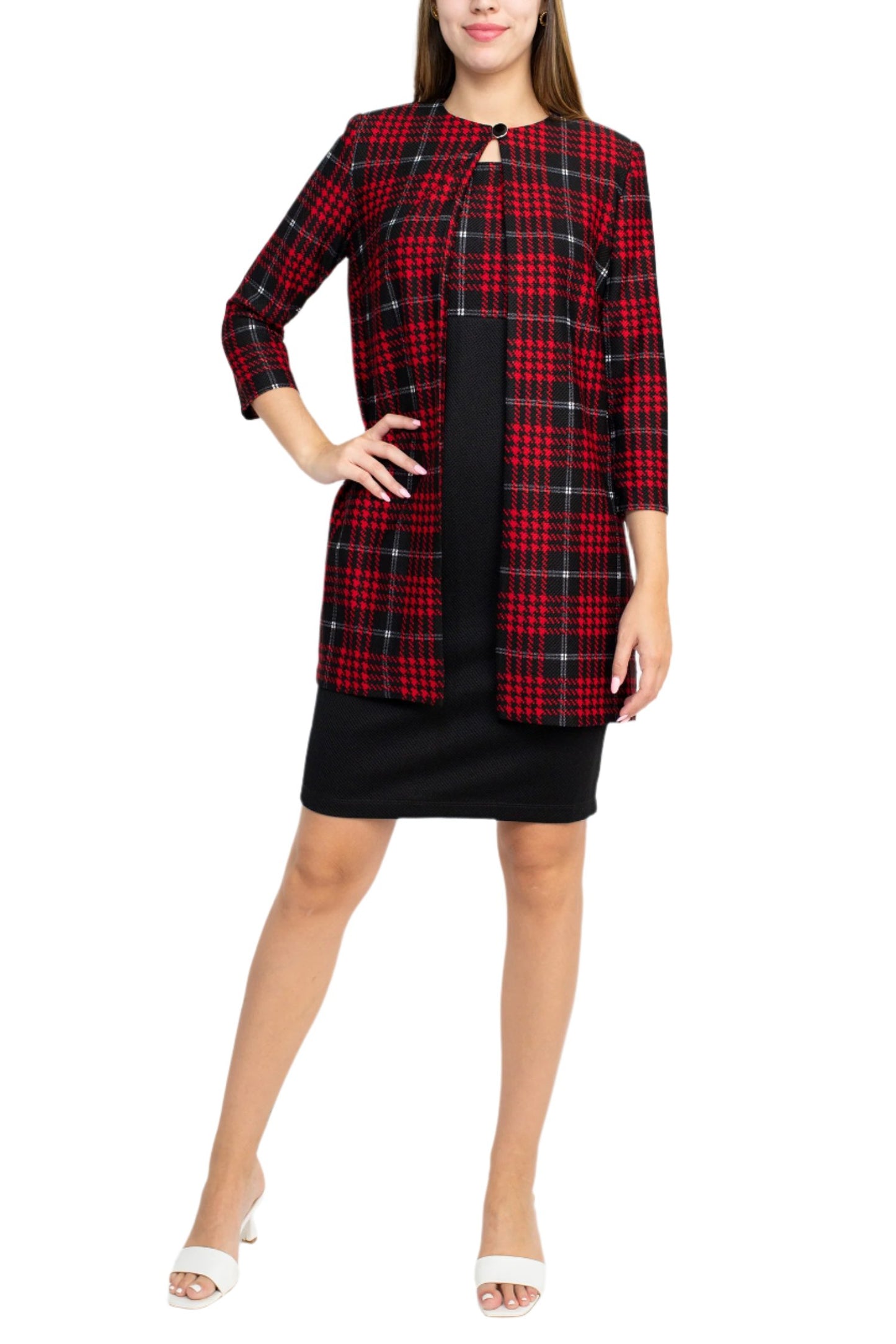 Danny & Nicole Scoop Neck Sleeveless Zipper Back Mlt Print Knit Dress with Matching Jacket - Wholesale - BLACK RED IVORY - Front 