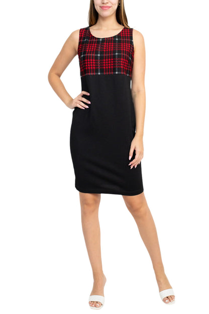 Danny & Nicole Scoop Neck Sleeveless Zipper Back Mlt Print Knit Dress with Matching Jacket - Wholesale - BLACK RED IVORY - Front full view without jacket