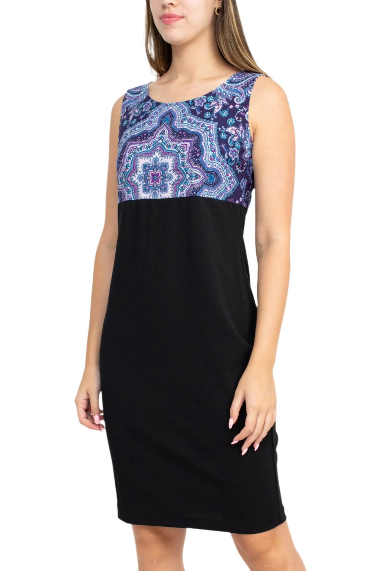 Danny & Nicole Scoop Neck Sleeveless Zipper Back Multi Print Crepe Dress With Matching Jacket - BLACK EGGPLANT - Without Jacket Front View