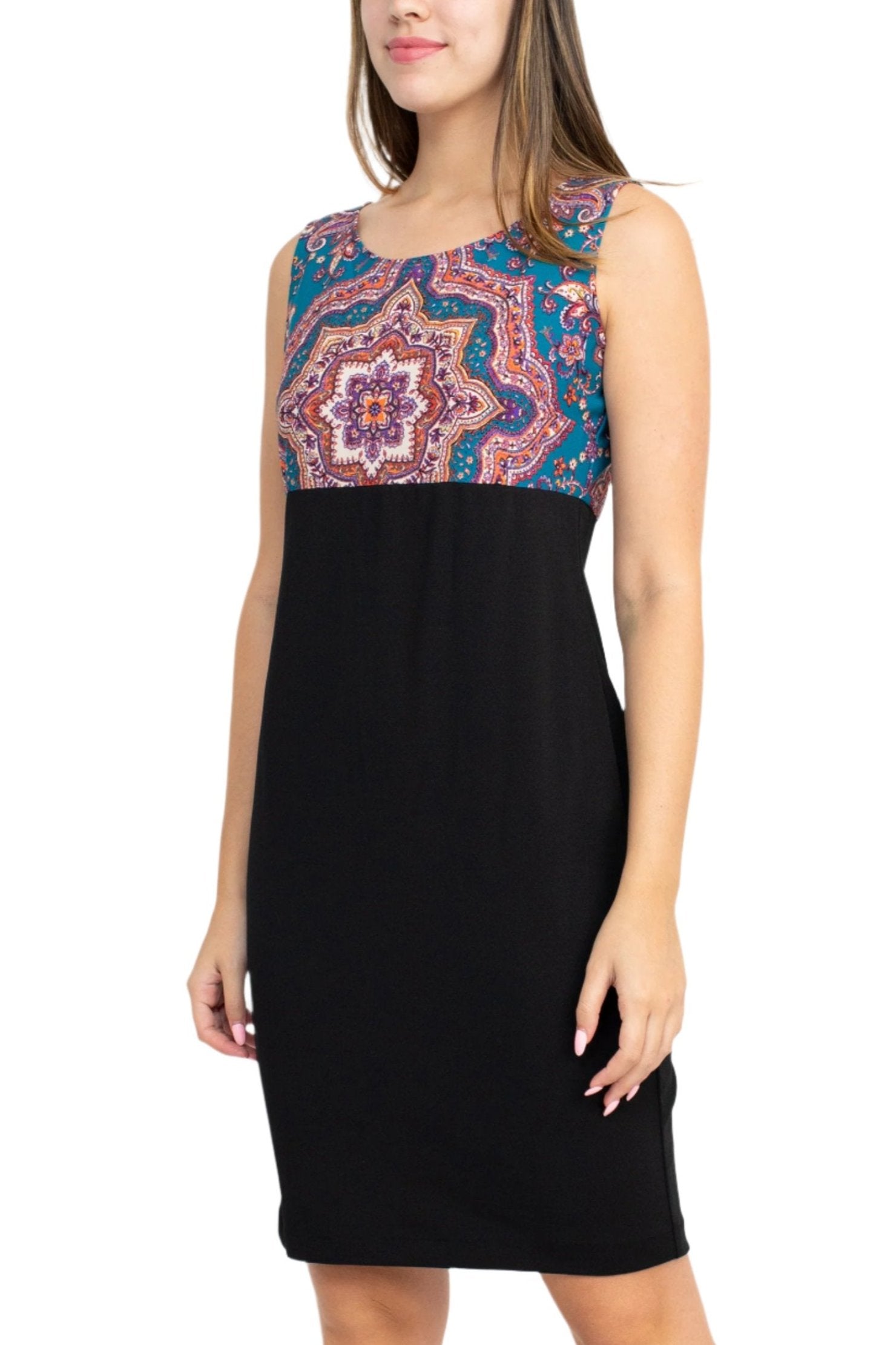 Danny & Nicole Scoop Neck Sleeveless Zipper Back Multi Print Crepe Dress With Matching Jacket - BLACK TEAL - Without Jacket Front View