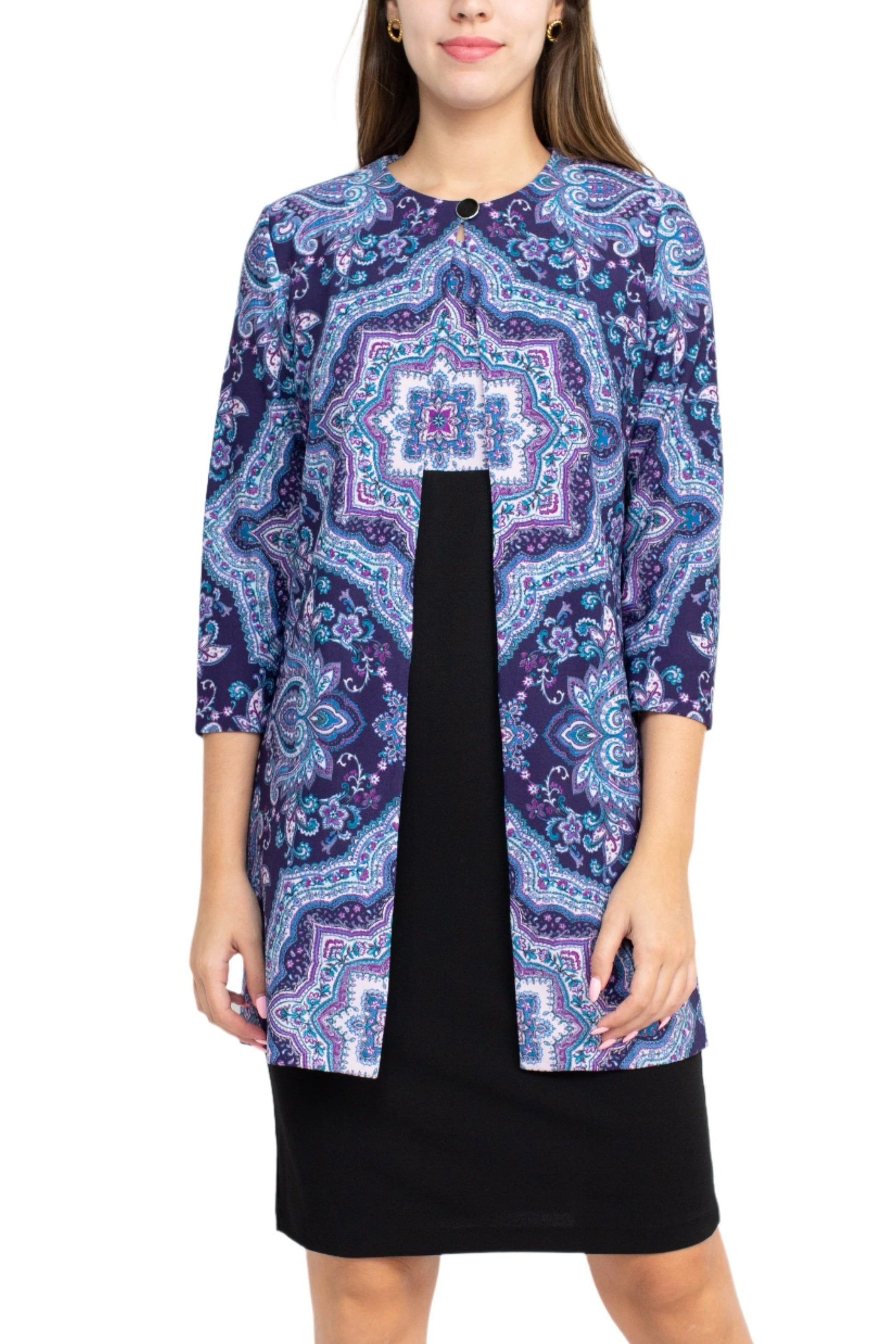 Danny & Nicole Scoop Neck Sleeveless Zipper Back Multi Print Crepe Dress With Matching Jacket - BLACK EGGPLANT - Front View