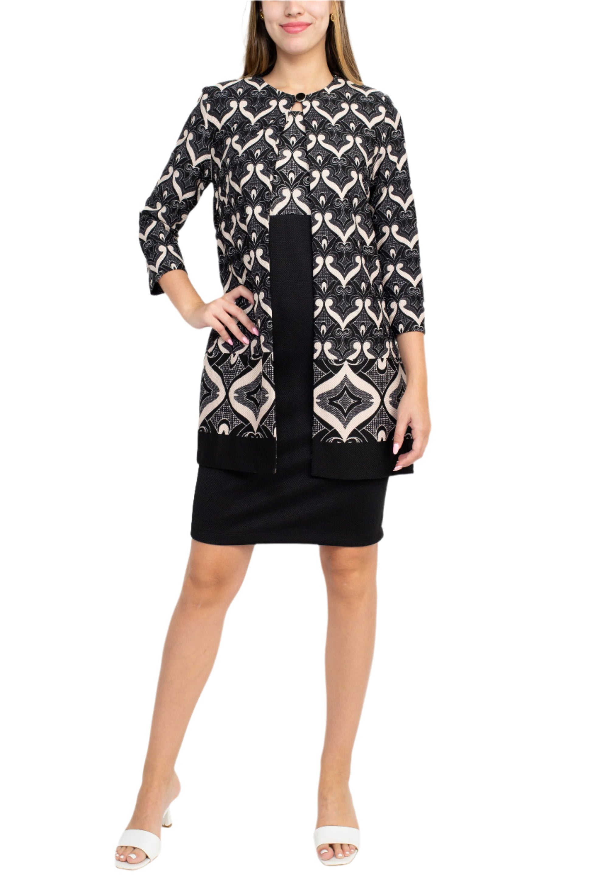 Danny & Nicole Scoop Neck Sleeveless Zipper Back Multi Pt Knit Dress with Matching Jacket - BLACK SAND - FRONT VIEW 