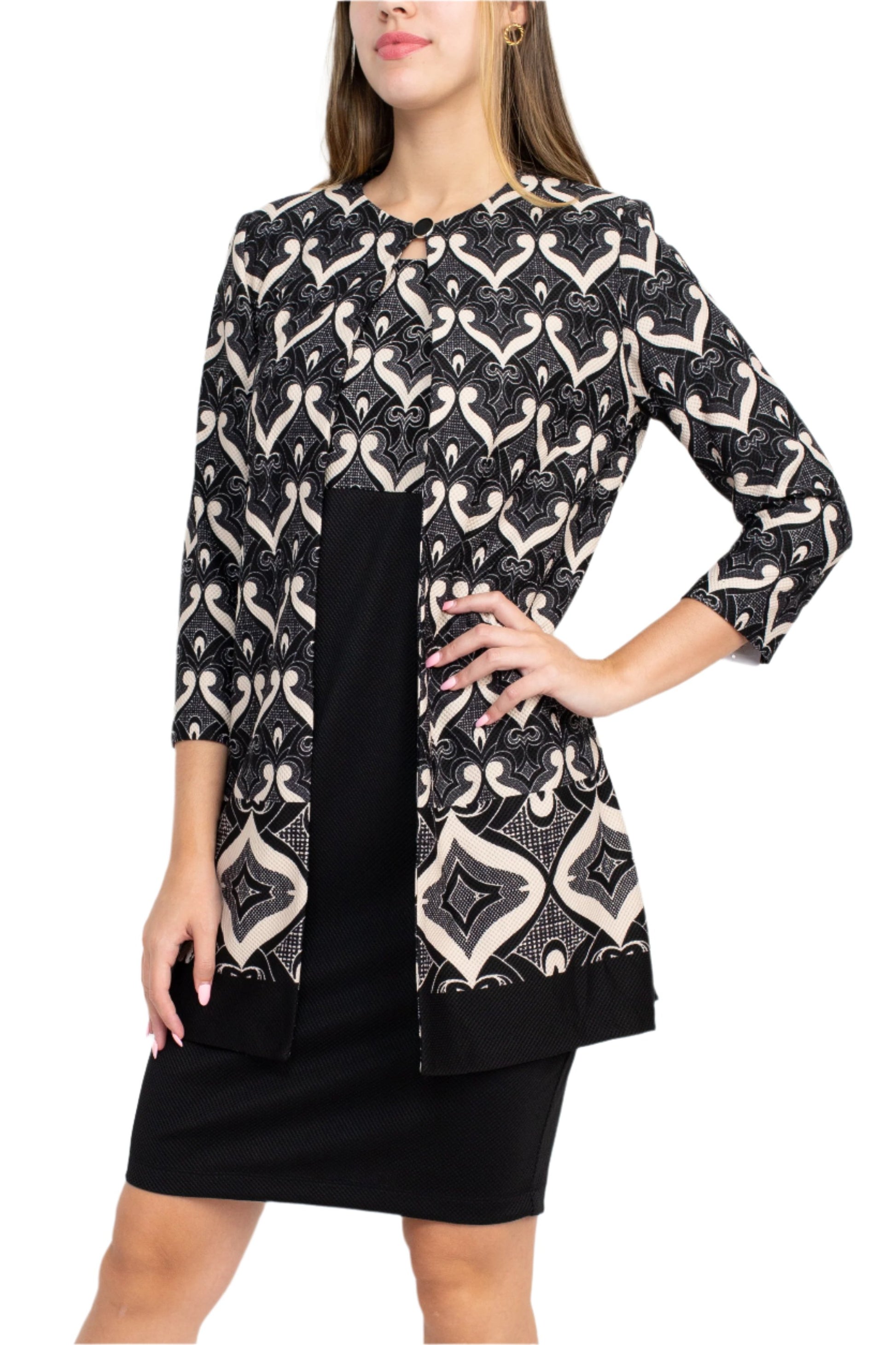 Danny & Nicole Scoop Neck Sleeveless Zipper Back Multi Pt Knit Dress with Matching Jacket - BLACK SAND - SIDE VIEW 