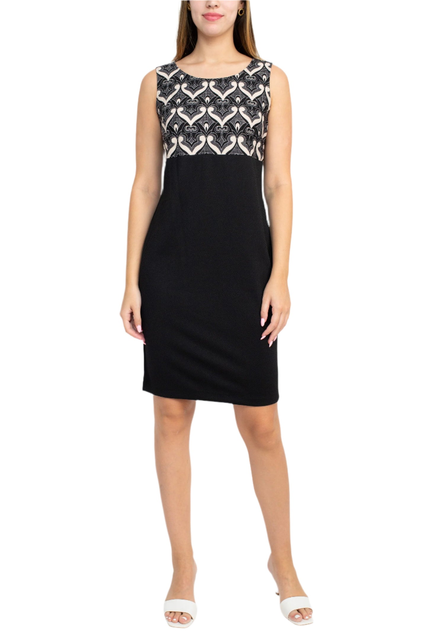 Danny & Nicole Scoop Neck Sleeveless Zipper Back Multi Pt Knit Dress with Matching Jacket - BLACK SAND - FRONT view without jacket