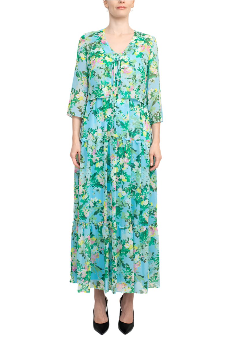 Maison Tara V Neck 3/4 Sleeve Floral Midi Dress with Matching Chiffon Jacket - TURQUOISE MULTI - Front