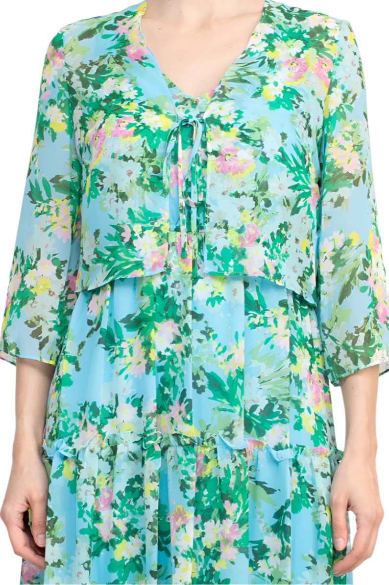 Maison Tara V Neck 3/4 Sleeve Floral Midi Dress with Matching Chiffon Jacket - TURQUOISE MULTI - Front View